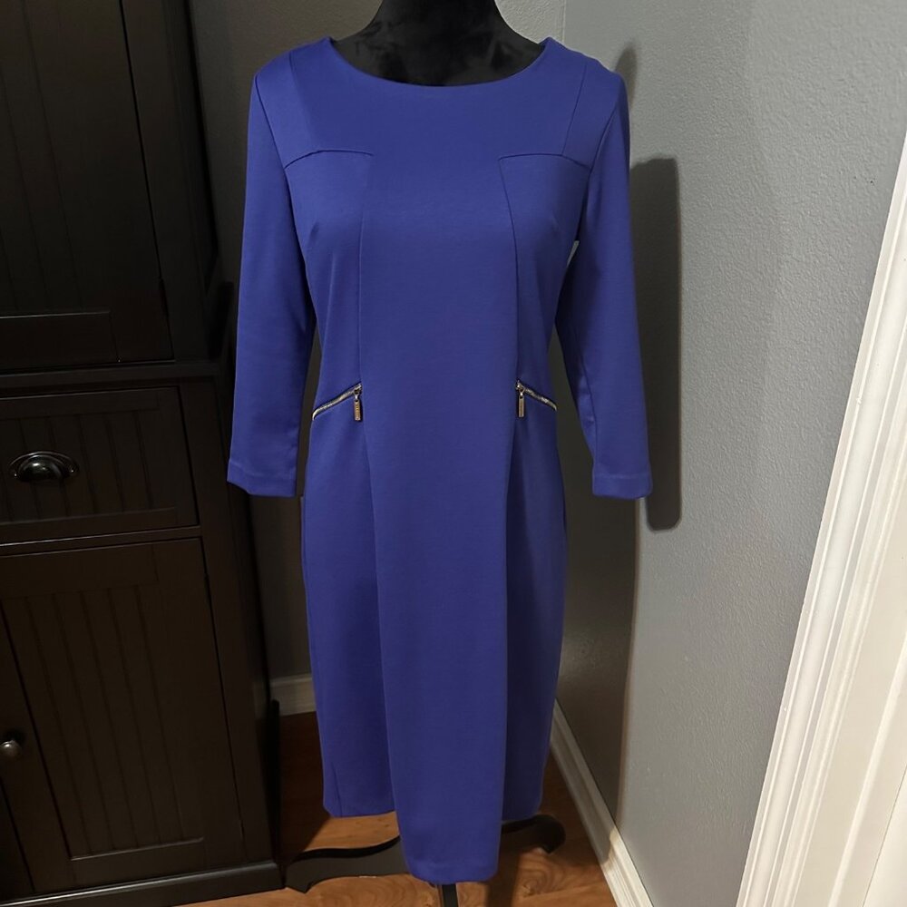 Liz Claiborne Women’s Dress Size 4‎ Blue Sheath 3/4 Sleeve Stretch Career Office